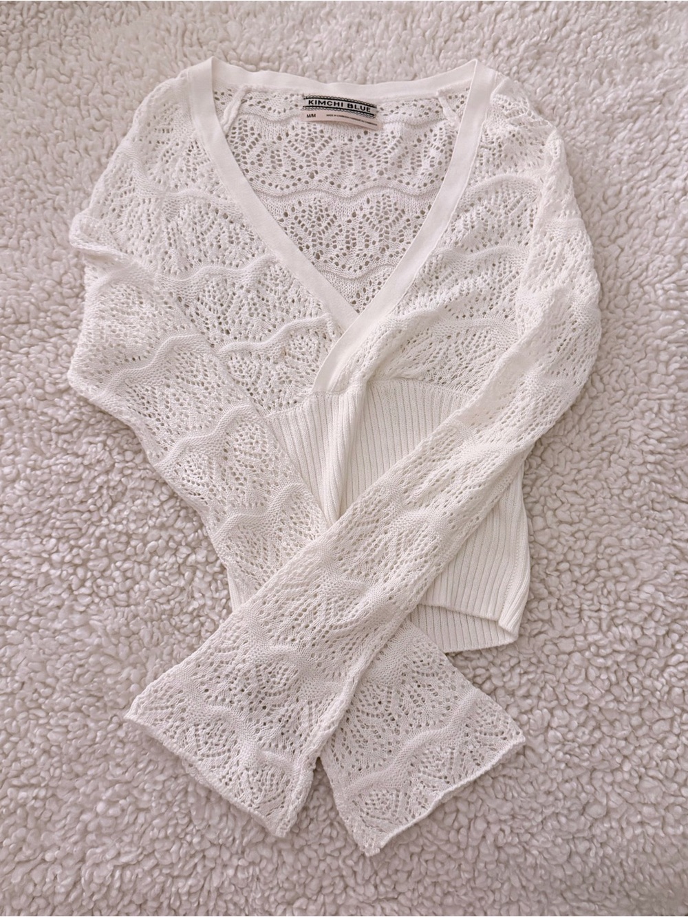 Kimchi Blue White Lace Knit Long Sleeve Top with Bell Sleeves